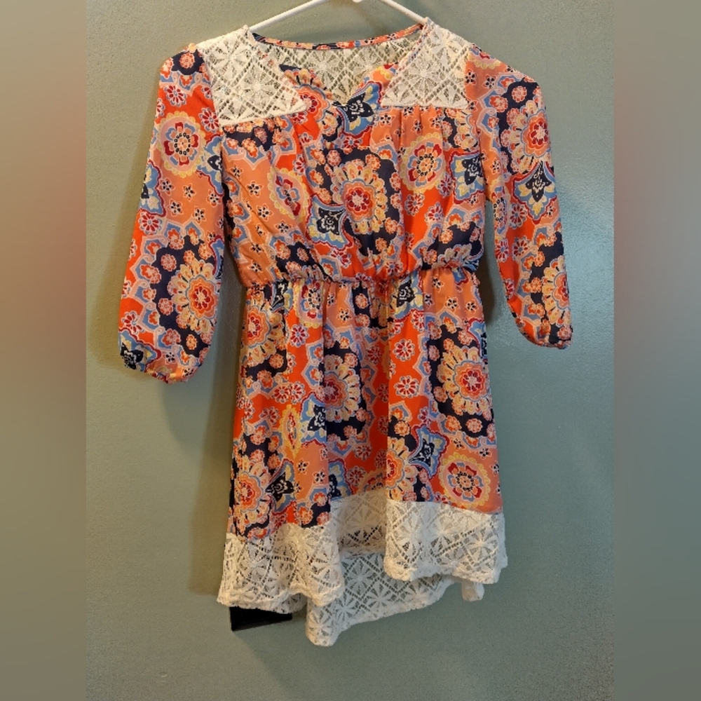 Sequin Hearts Orange and Blue Floral Kids Dress